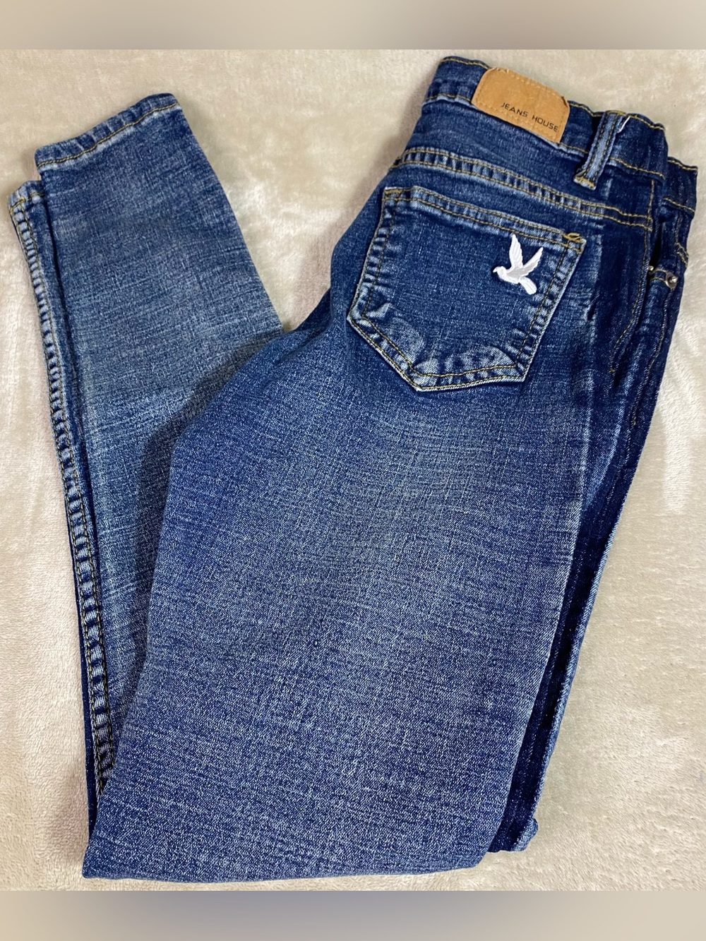 Jeans House Girls Kids Large Blue Denim Jeans Embroidered Bird